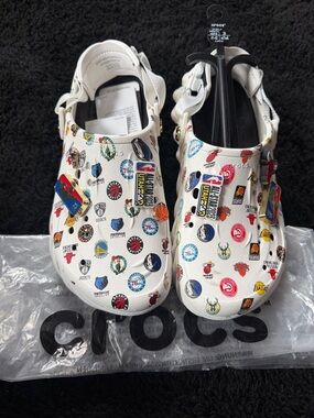 CROCS White Kids Clogs with Colorful NBA Team Logo Print